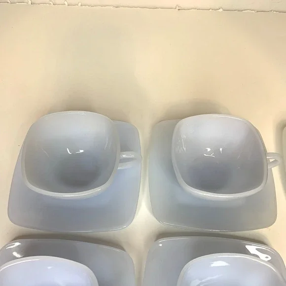 SET 5 FIRE KING AZURE BLUE CHARM AZURITE DELPHITE MILK GLASS SQUARE CUP SAUCERS - Picture 6 of 9